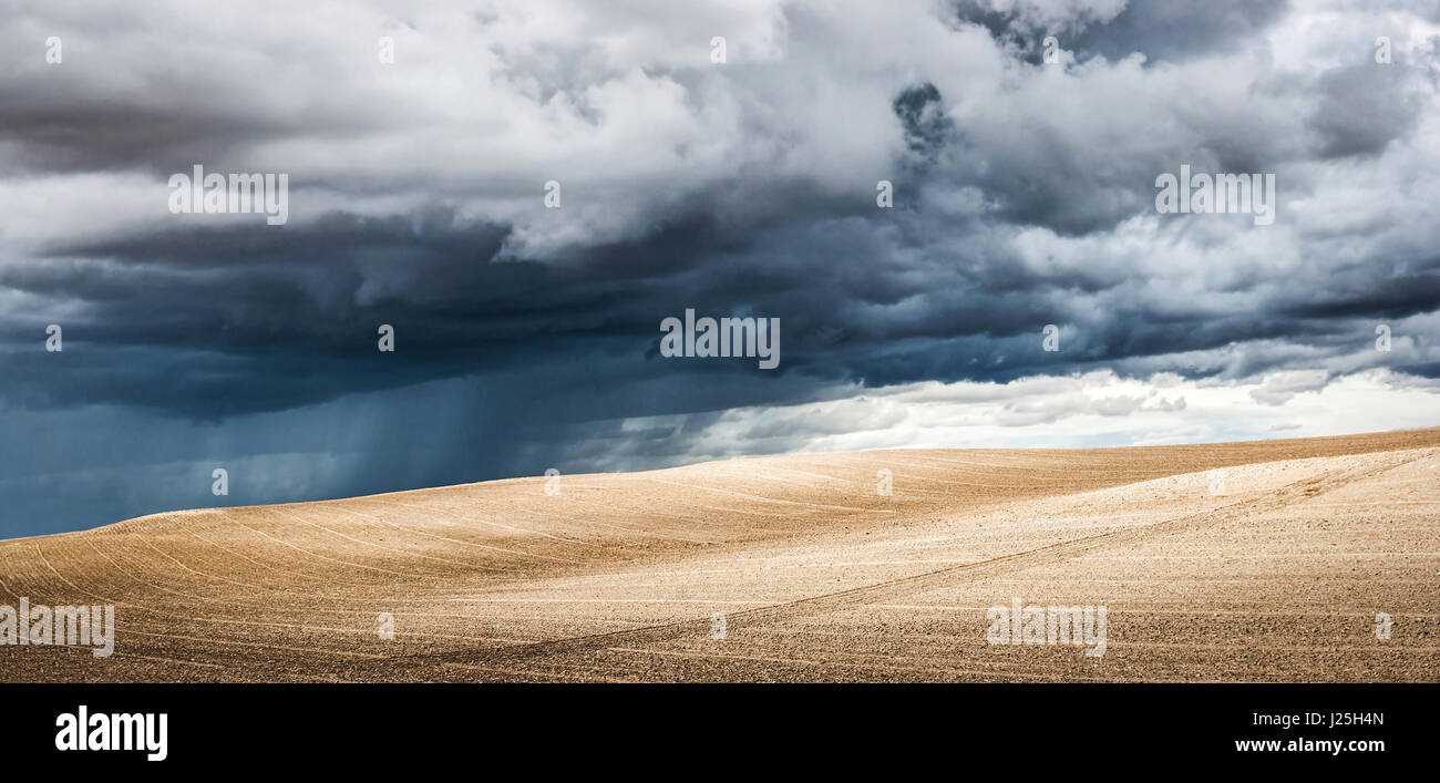 Panoramic view of summer landscape with dramatic thunderclouds in the background Stock Photo