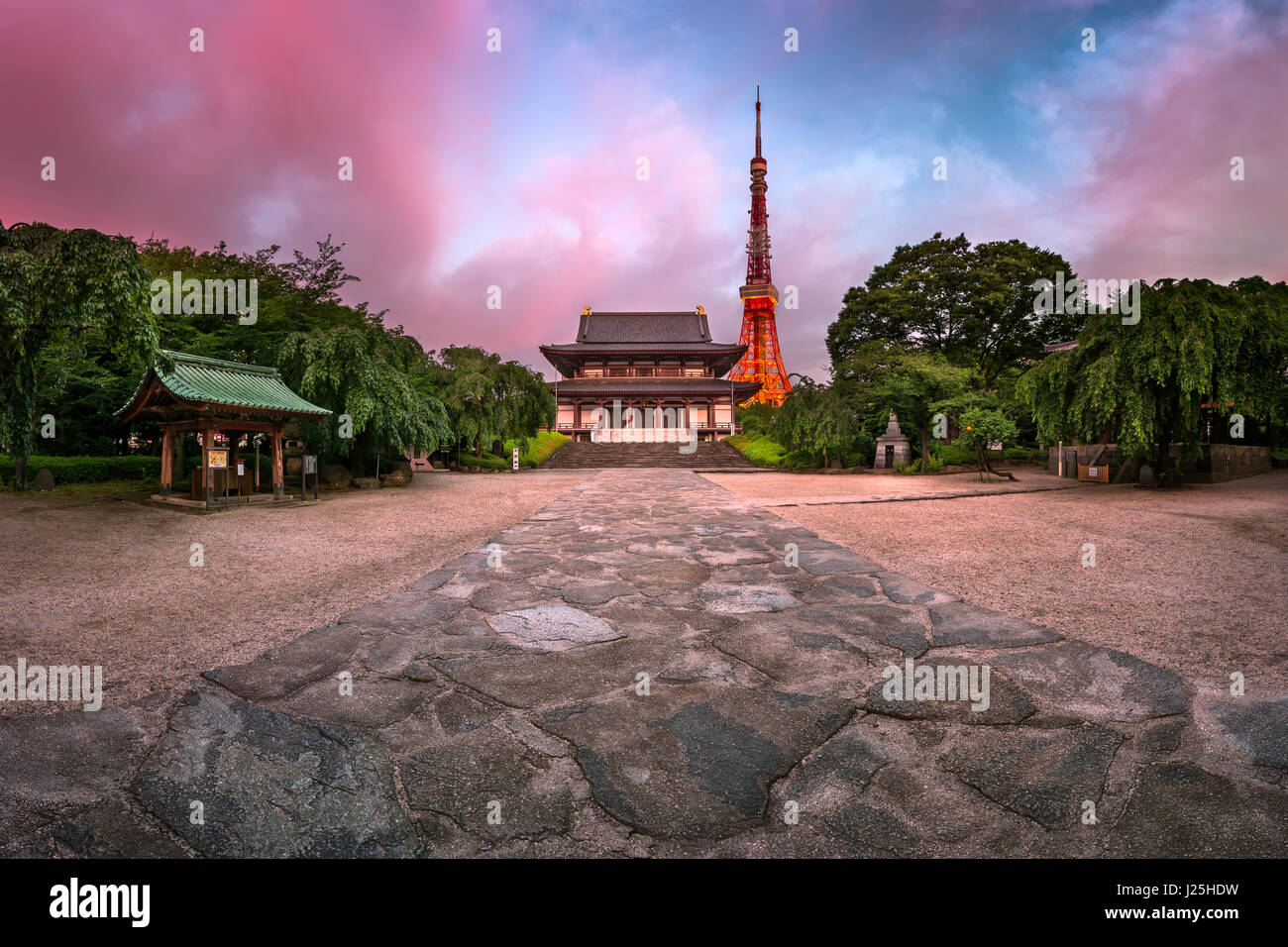 Zojo-ji Temple and Tokyo Tower in the Morning, Tokyo, Japan Stock Photo