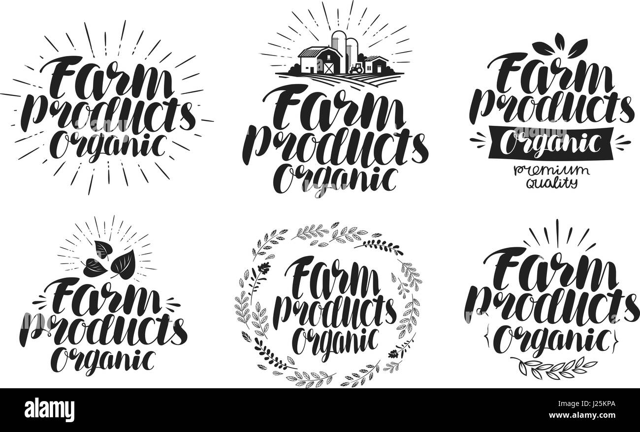 Farm products, label set. Agriculture, farming, organic icon or logo. Lettering, calligraphy vector illustration Stock Vector