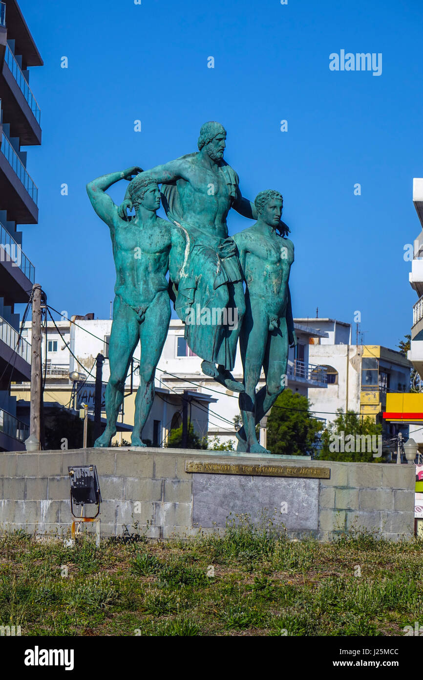 Bronze Statue of Diagoras the boxer supported by his sons, Rhodes, Greece Stock Photo