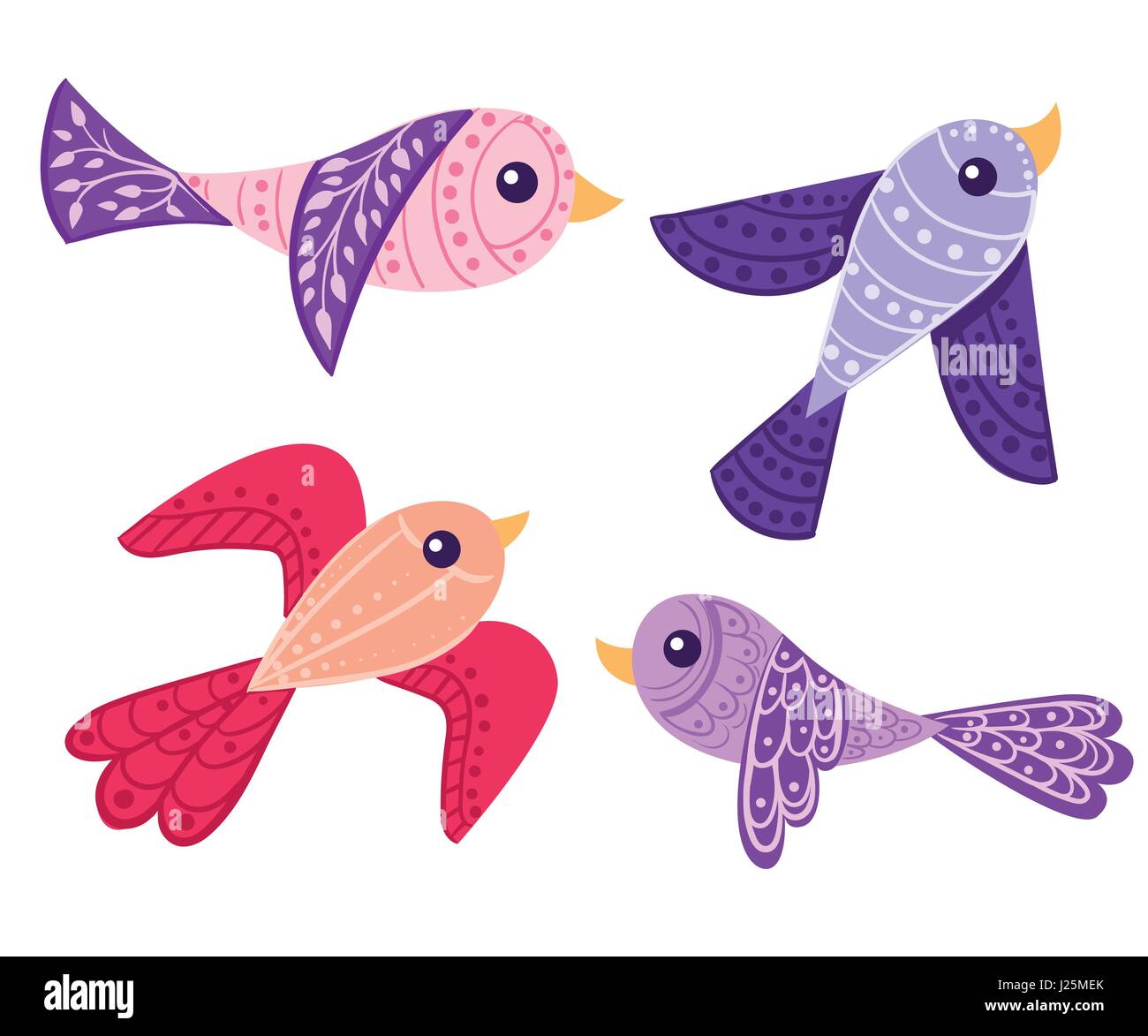 Graphic bird violet red pink with a pattern and to leaves Multi-colored Cute birds in vector. Cartoon set Stock Vector