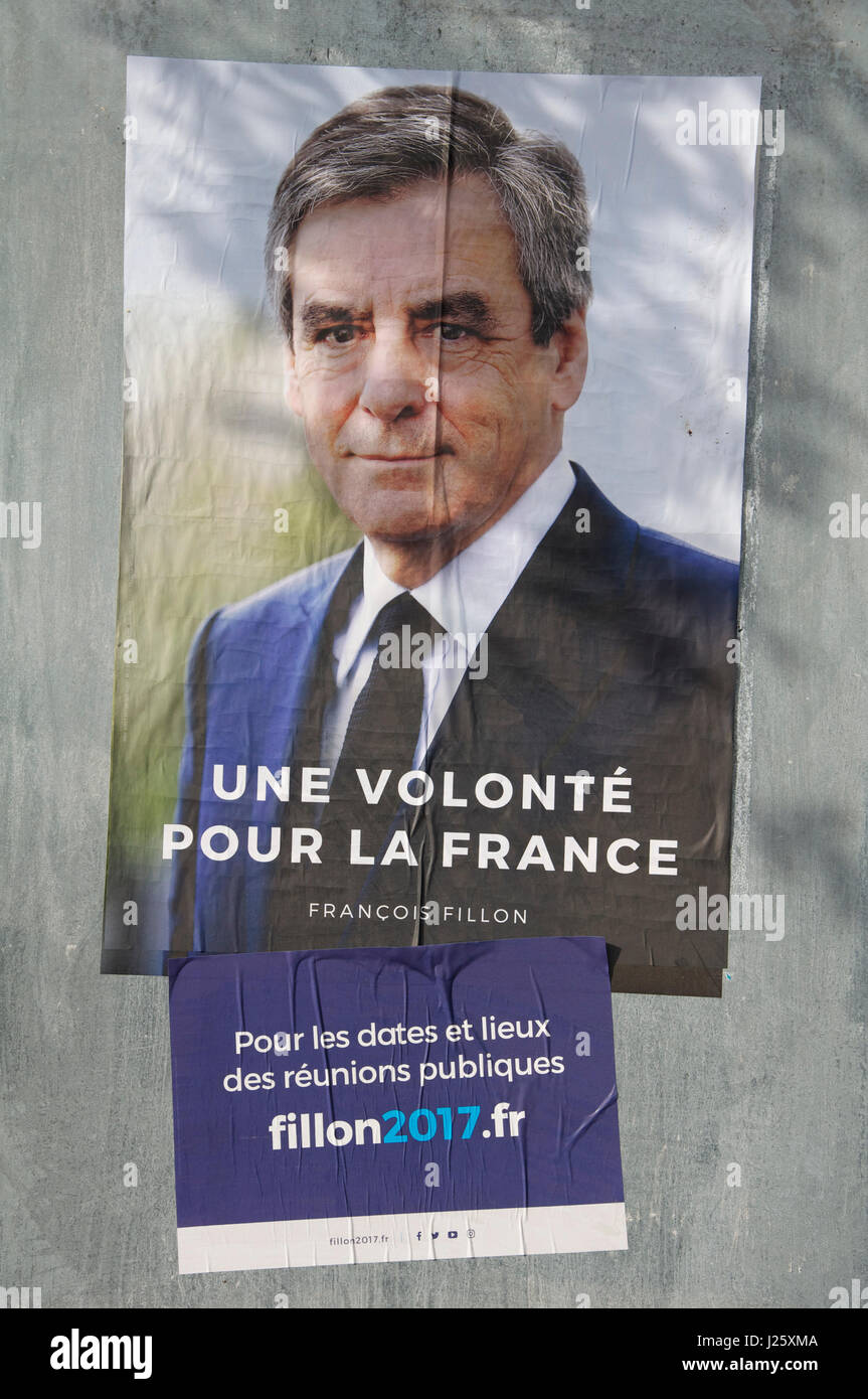 French Presidential Elections 2017. Campaign poster for François Fillon, the French Republican Party candidate and a former Prime Minister of France. Stock Photo