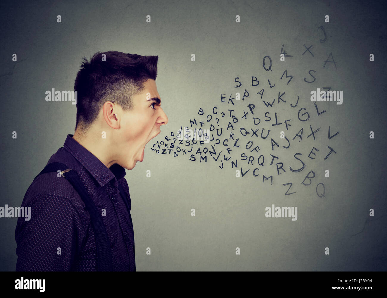 Angry man screaming with alphabet letters coming out of open mouth ...