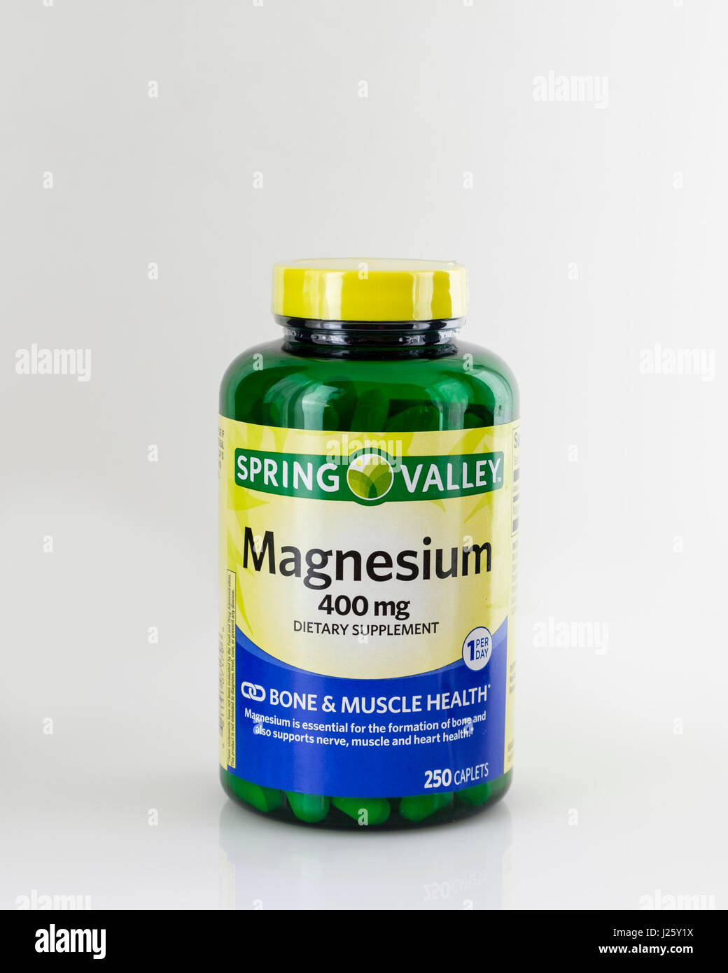 A bottle of Spring Valley brand 400 mg Magnesium supplement. Isolated