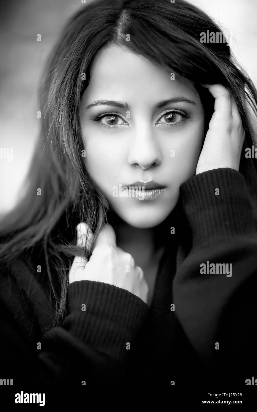 A black and white headshot of a beautiful asian woman Stock Photo