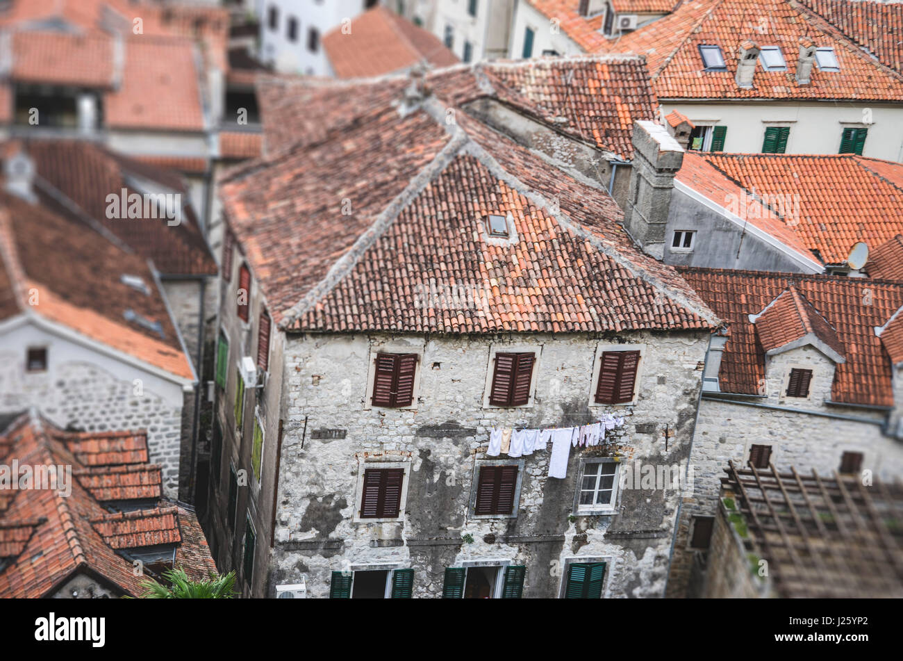 Aerial View of Old City Roofs, Kotor, Montenegro Stock Photo