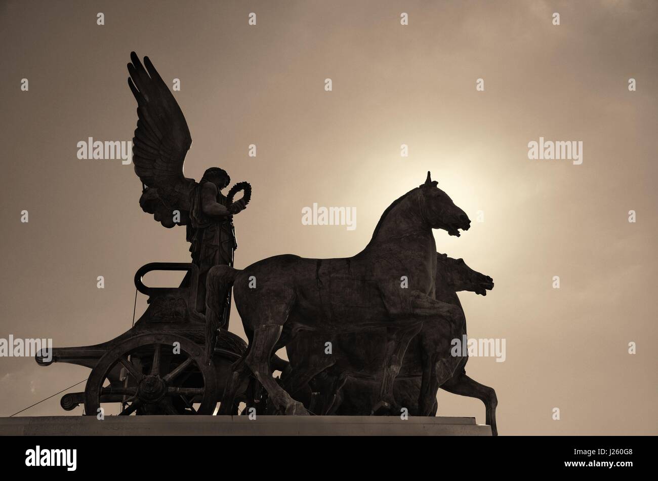 Statue closeup at rooftop of National Monument to Victor Emmanuel II or II Vittoriano in Piazza Venezia, Rome, Italy Stock Photo