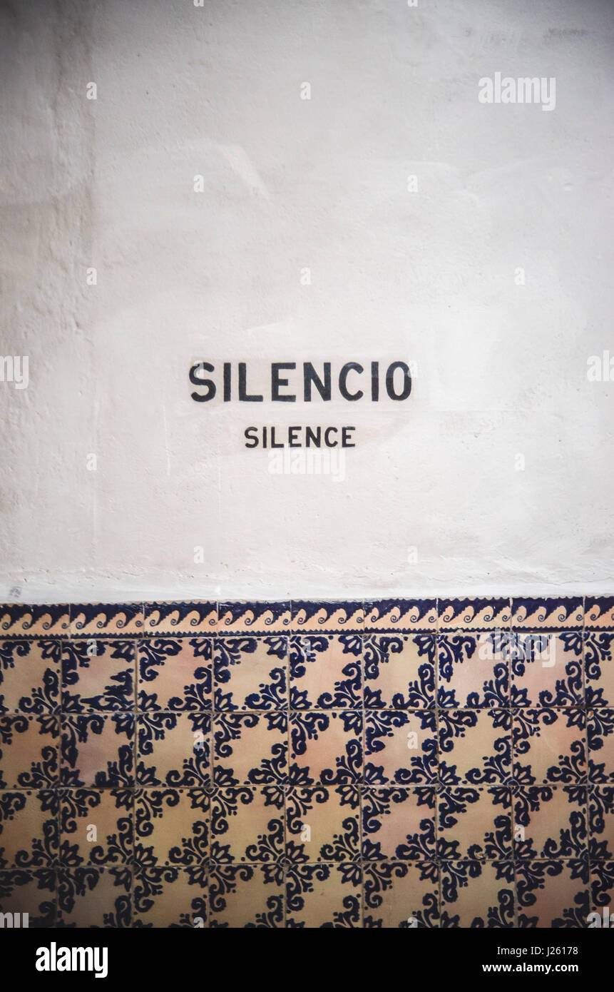 Silencio Sign Inside La Parroquia de San Miguel Arcangel Stock Photo