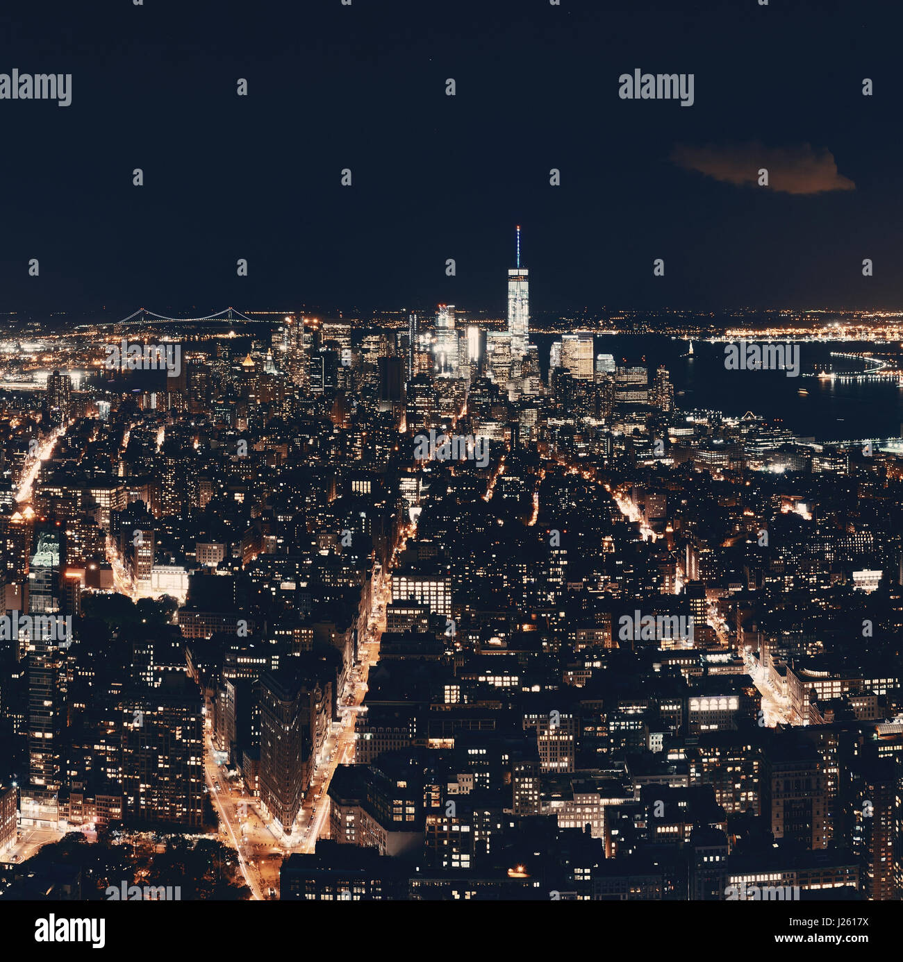 New York City downtown skyline night view Stock Photo - Alamy