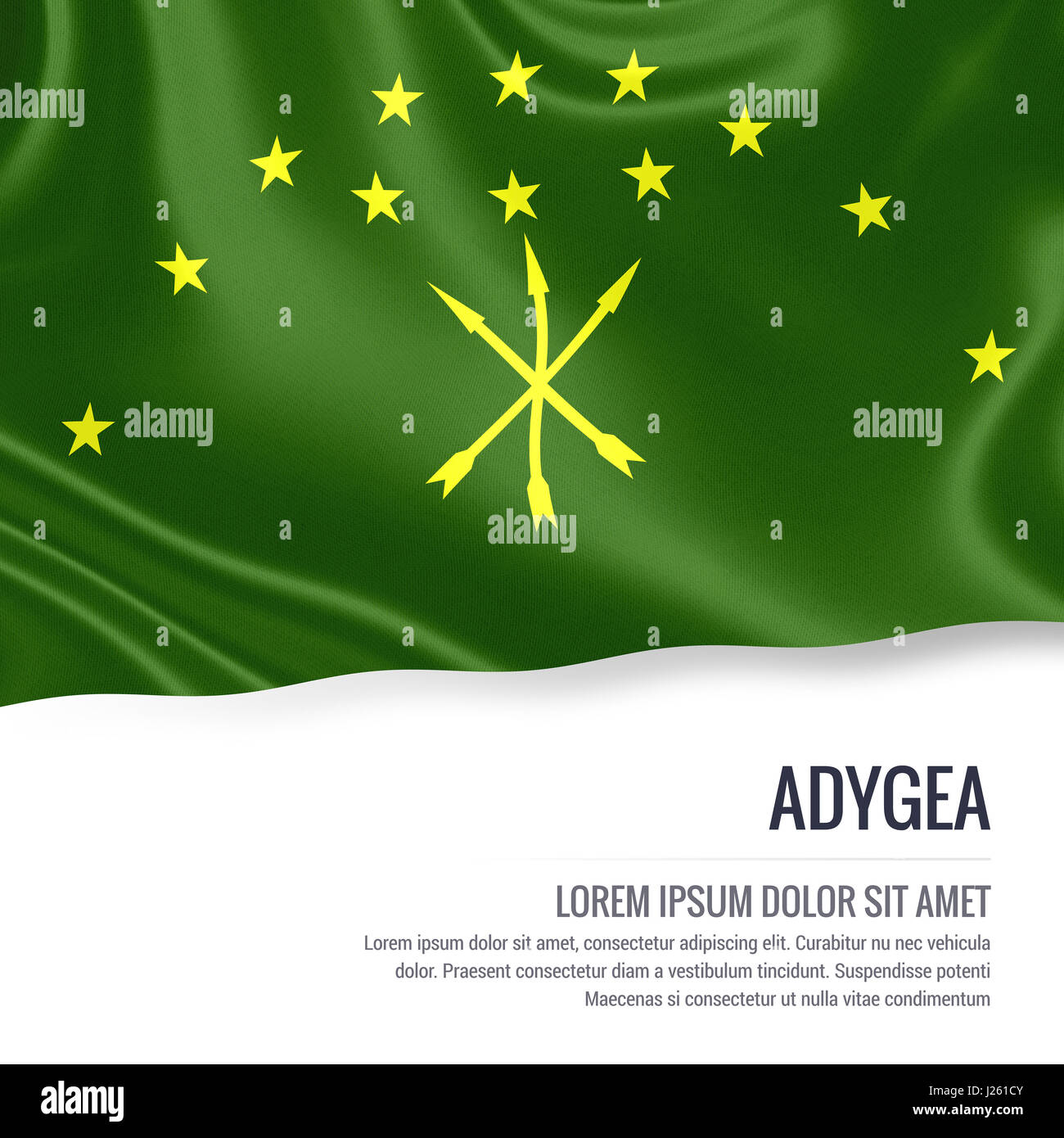 Adygea flag. Silky flag of Adygea waving on an isolated white background with the white text area for your advert message. 3D rendering. flag. Stock Photo