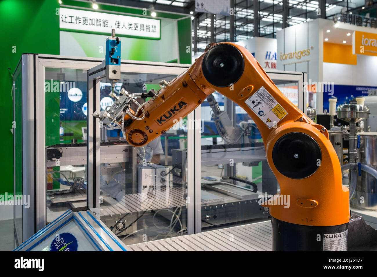 Industrial robot demo at a tech expo in Shenzhen, China Stock Photo