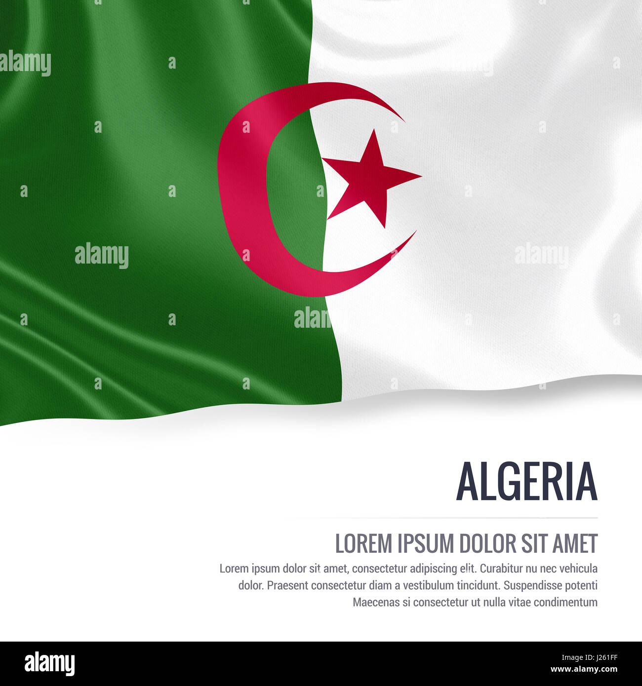 Algeria flag. Silky flag of Algeria waving on an isolated white background with the white text area for your advert message. 3D rendering. Stock Photo