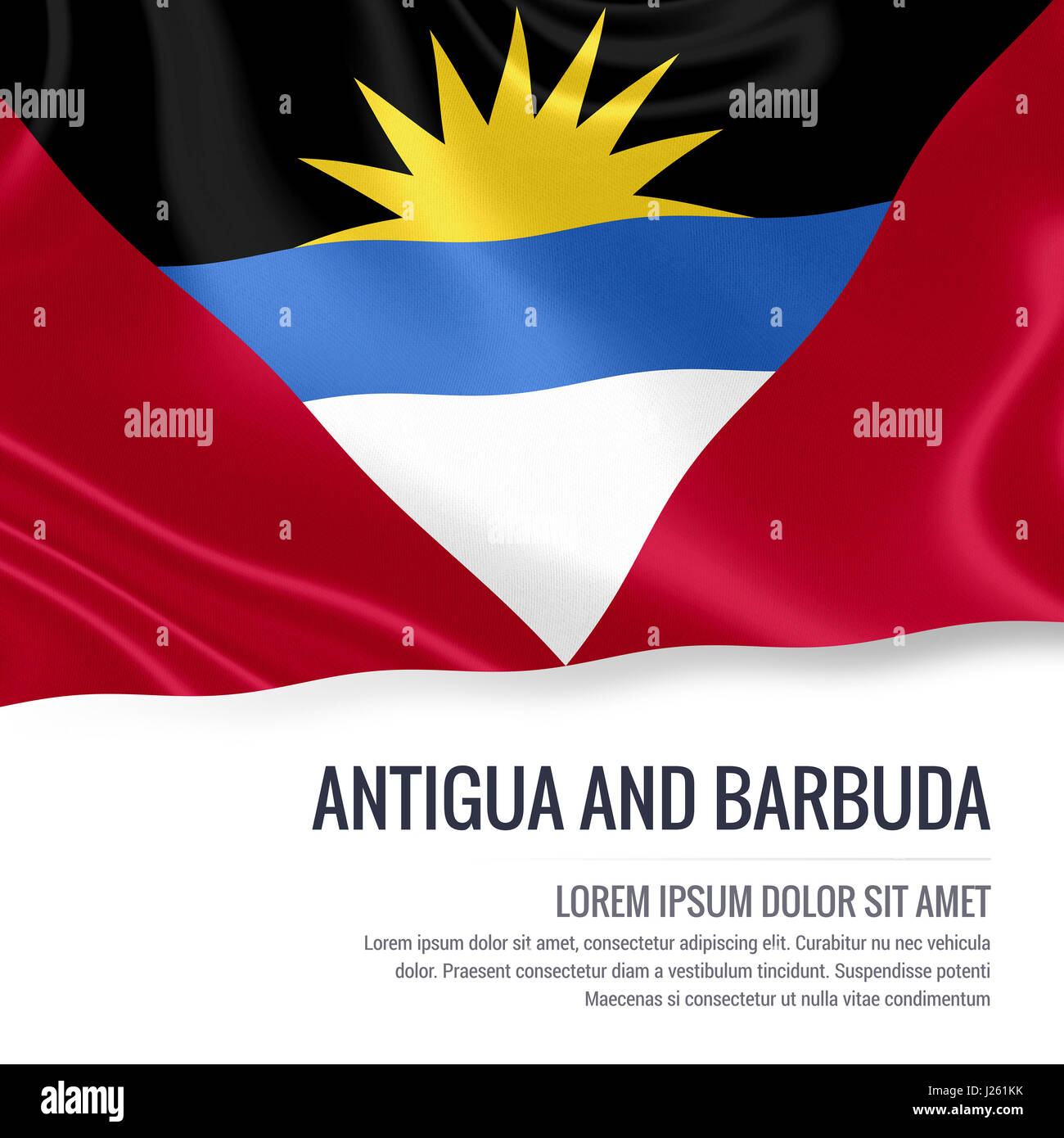 Antigua and Barbuda flag. Silky flag of Antigua and Barbuda waving on an isolated white background with the white text area for your advert message. 3 Stock Photo