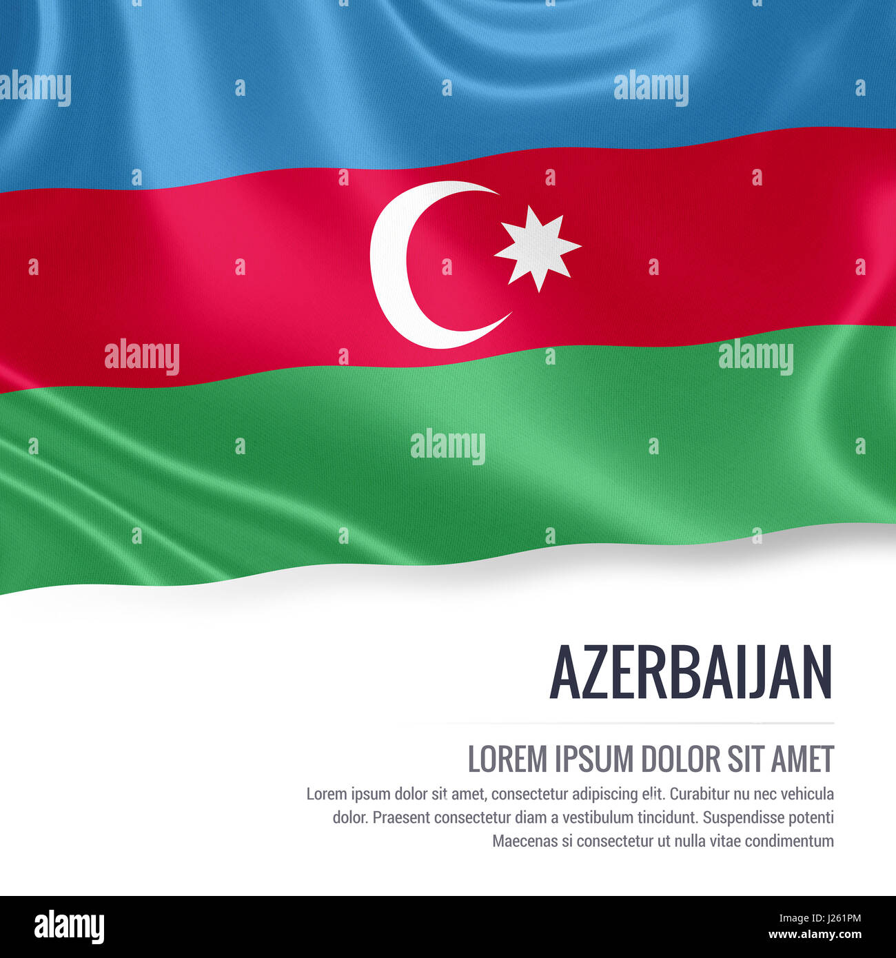 Azerbaijan flag. Silky flag of Azerbaijan waving on an isolated white background with the white text area for your advert message. 3D rendering. Stock Photo