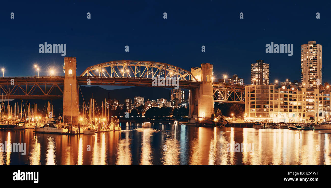 Vancouver False Creek at night with bridge and boat panorama Stock ...