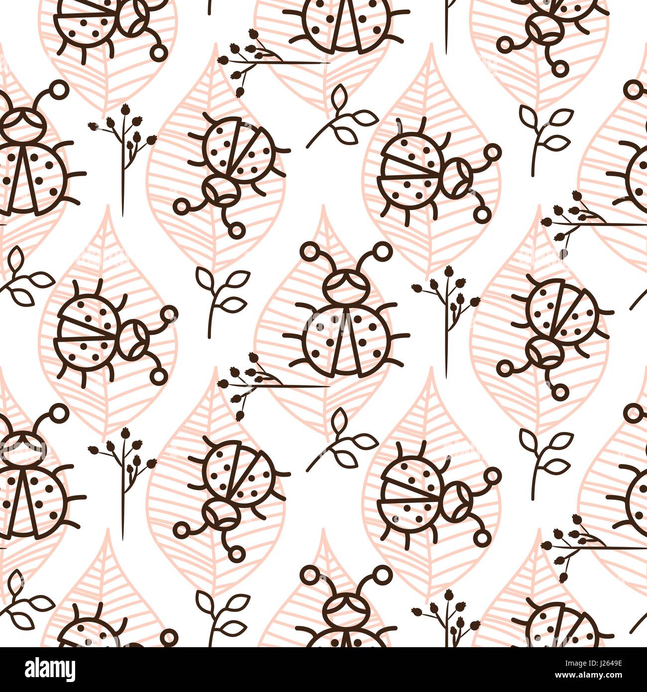 Ladybug and line pink leaves on white seamless vector pattern Stock ...