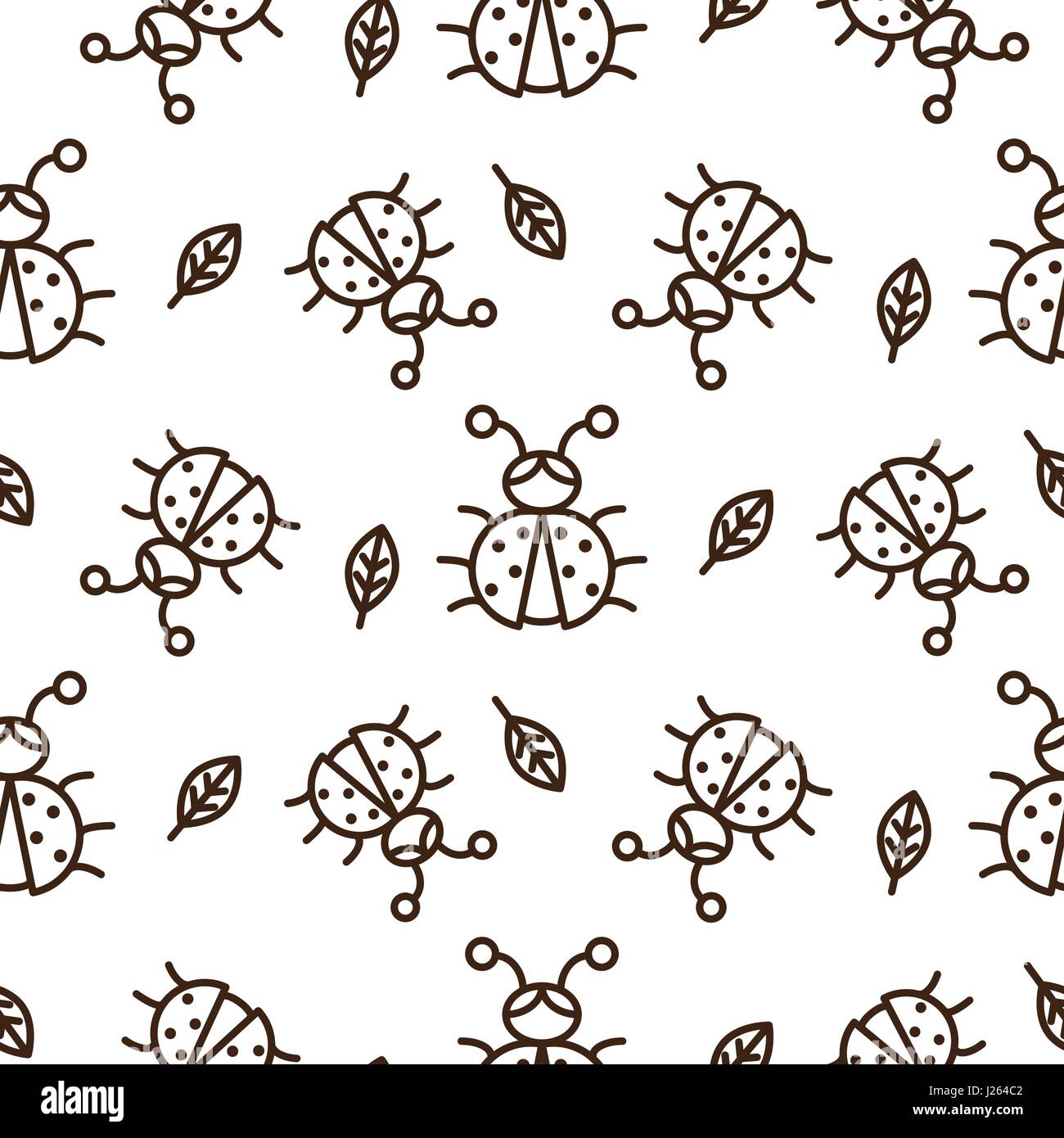 Ladybug and outline leaves on white seamless vector pattern Stock ...