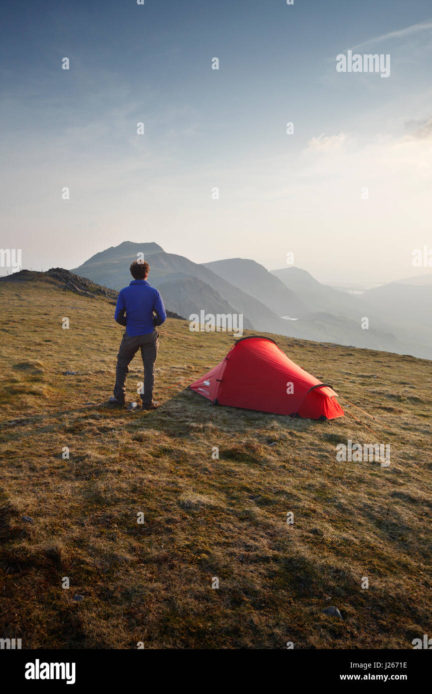 Wild Camping on Mynydd Moel, part of the Cadair Idris massif. Snowdonia National Park. Wales. UK. Stock Photo