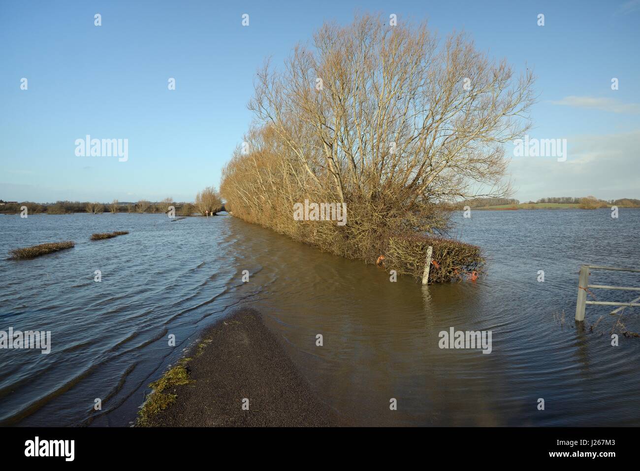 Severely flooded A361 between East Lyng and Burrowbridge across Lower Salt  Moor after weeks of heavy rain, Somerset Levels and Moors, February 2014 Stock Photo