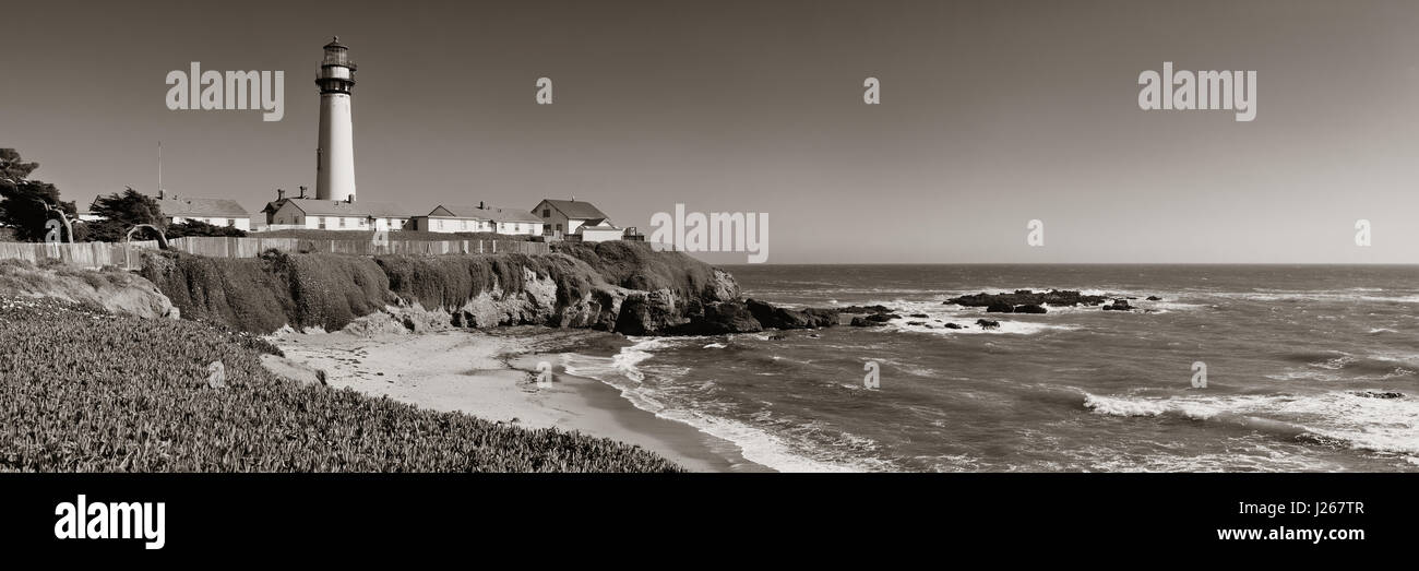 Pigeon Point lighthouse in Big Sur California in black and white. Stock Photo