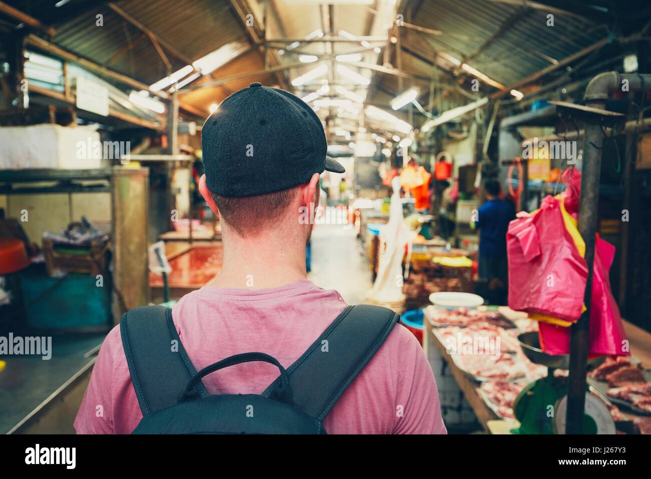 Young traveler with backpack in food market in Chinatown Kuala Lumpur Malaysia Stock Photo Alamy