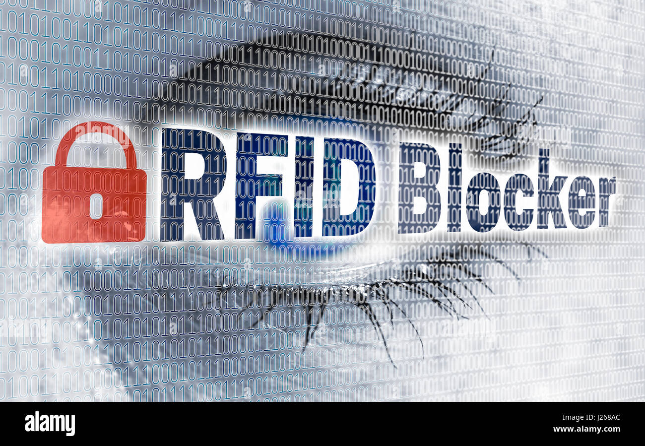 RFID blocker eye with matrix looks at viewer concept. Stock Photo