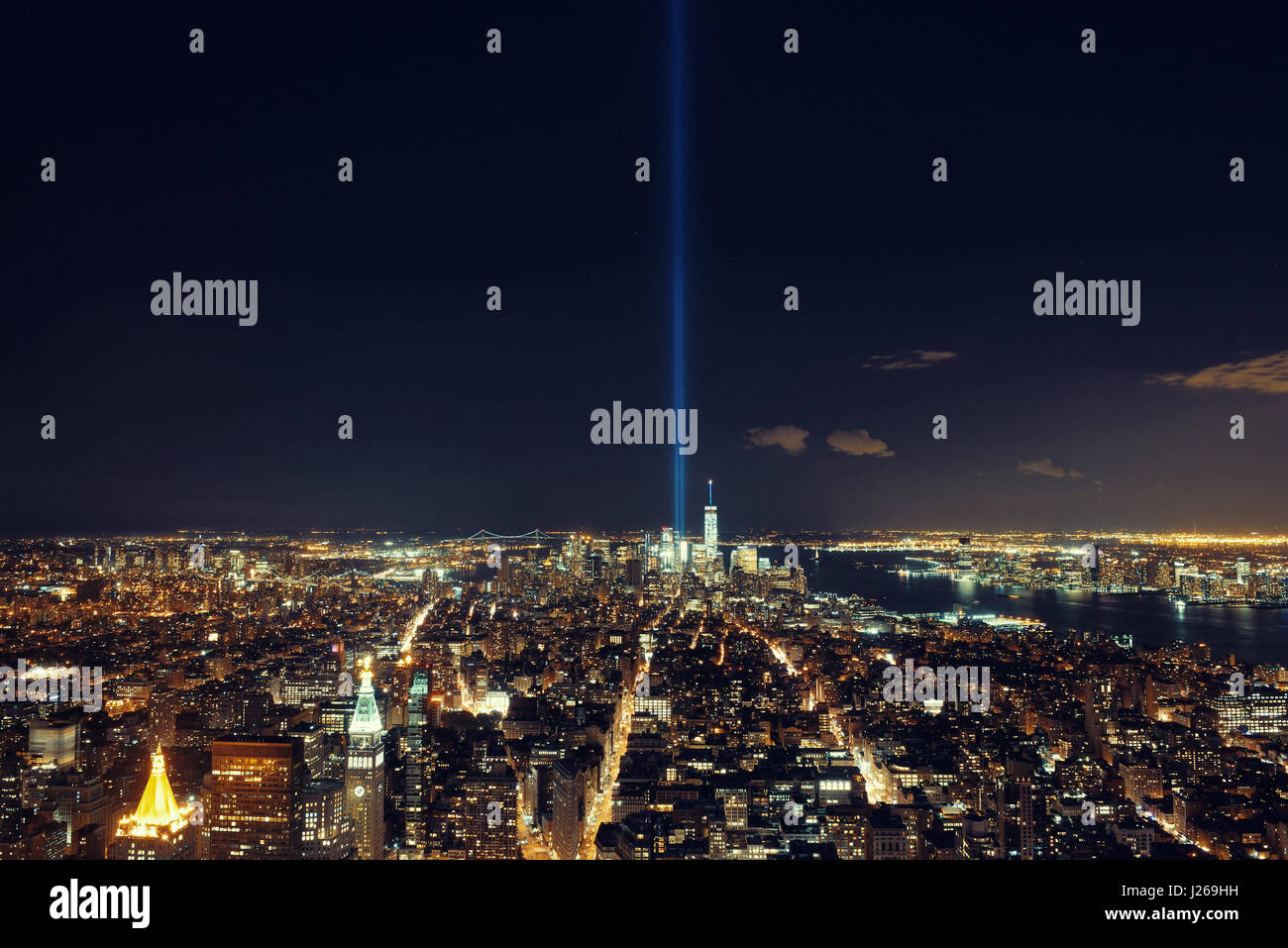 New York City downtown skyline view at night with September 11 tribute ...