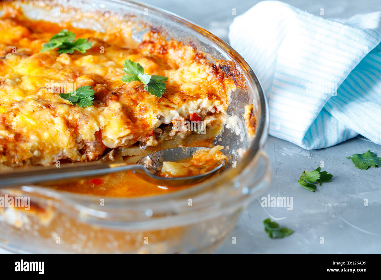 Greek style moussaka with eggplants, ground beef and potatoes Stock ...