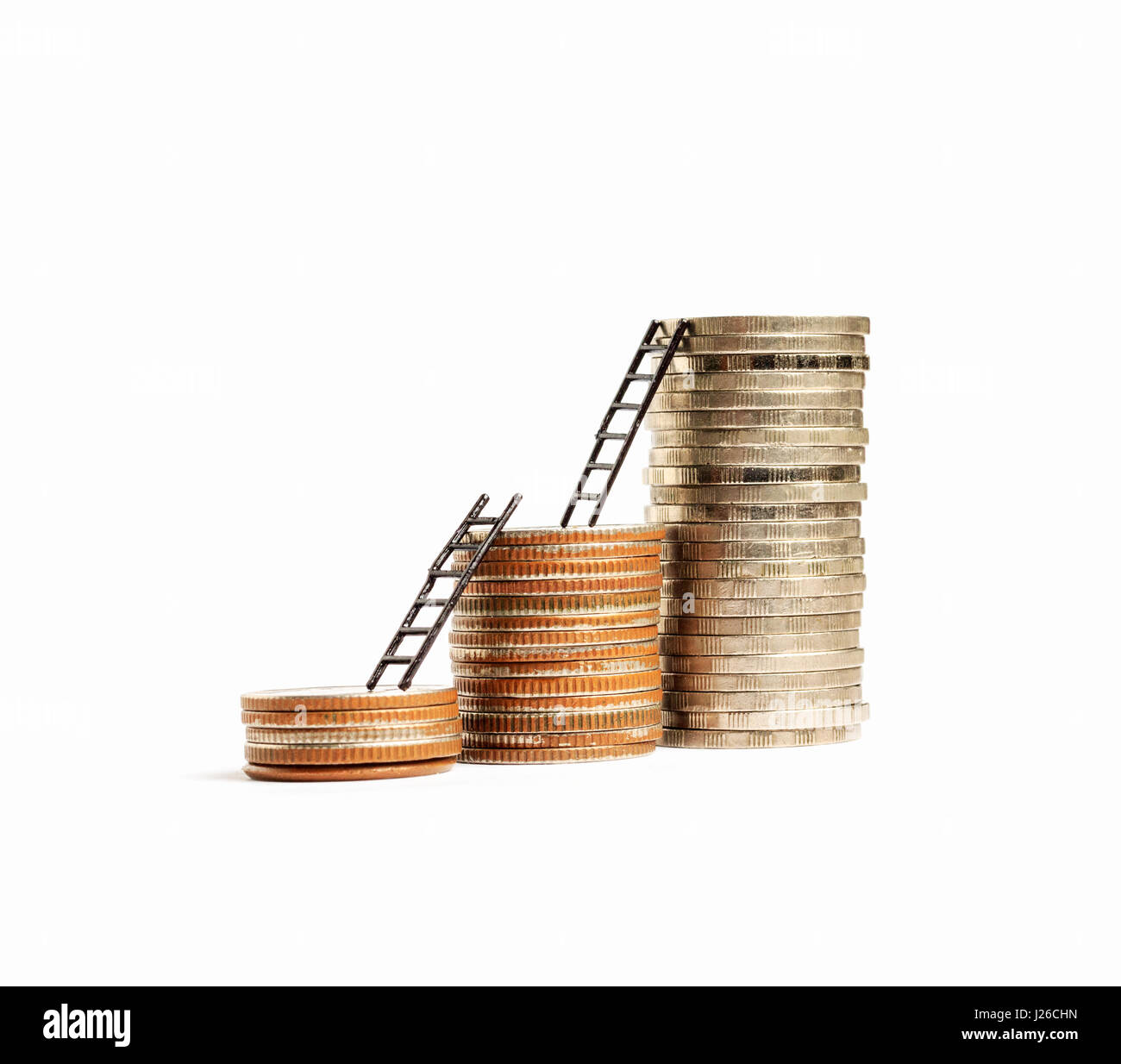 Close up shot of staked coin with miniature ladder isolated on white ...