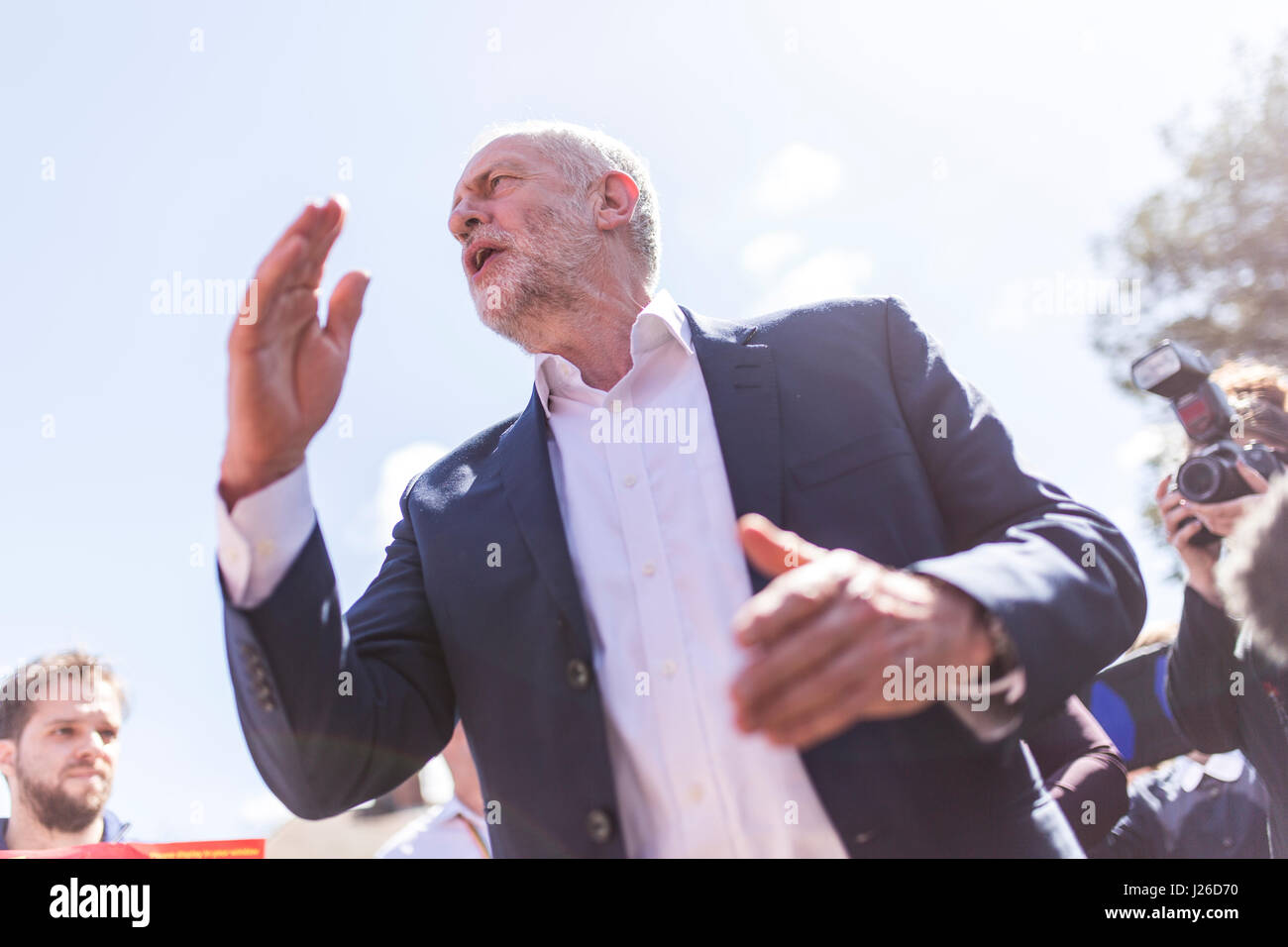 Labour Party leader JEREMY CORBYN visiting Warrington today (SATURDAY 22/4/17) as part of the Labour Party's general election campaign Stock Photo