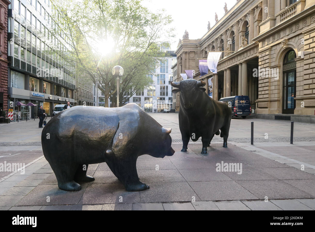Statues of a bear and bull in front of the Stock Exchange building in Frankfurt, Germany, Europe Stock Photo