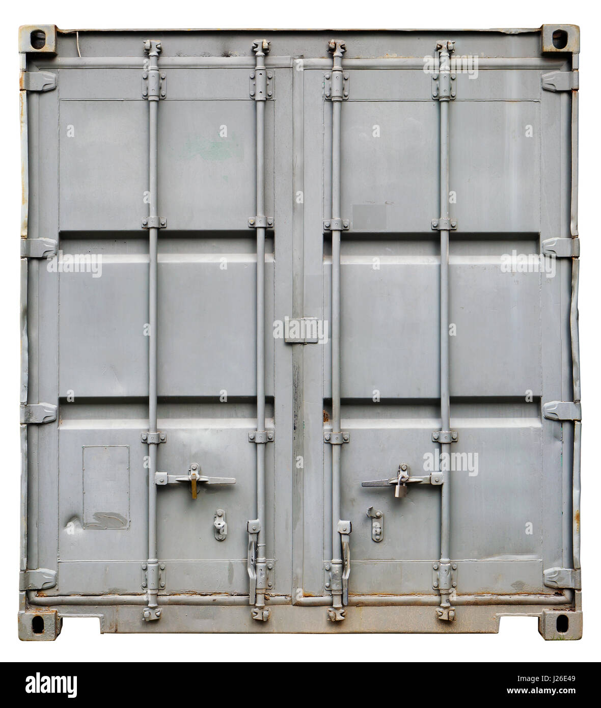 Door and locking mechanisms of a steel gray old rusty sea cargo container. Isolated with patch Stock Photo
