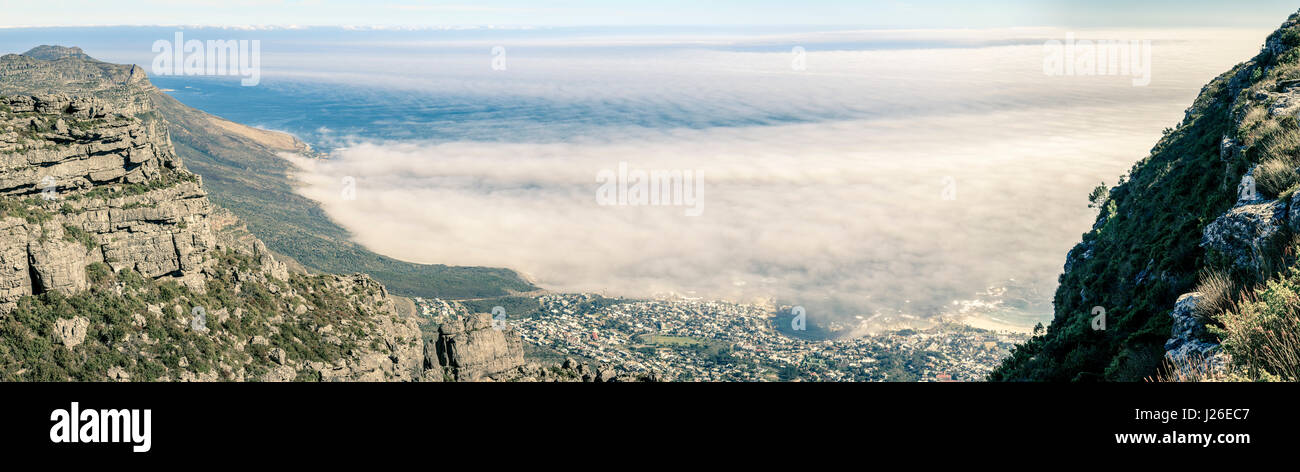 Panoramic view of Camps Bay in Cape Town, South Africa from Table Mountain Stock Photo