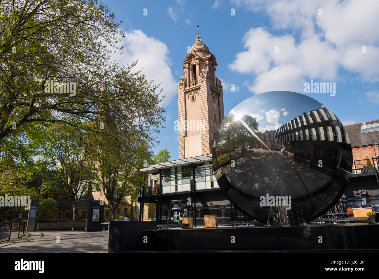 St Barnabas Cathedral and the Sky Mirror outside the Nottingham Playhouse, Nottingham City Nottinghamshire England UK Stock Photo