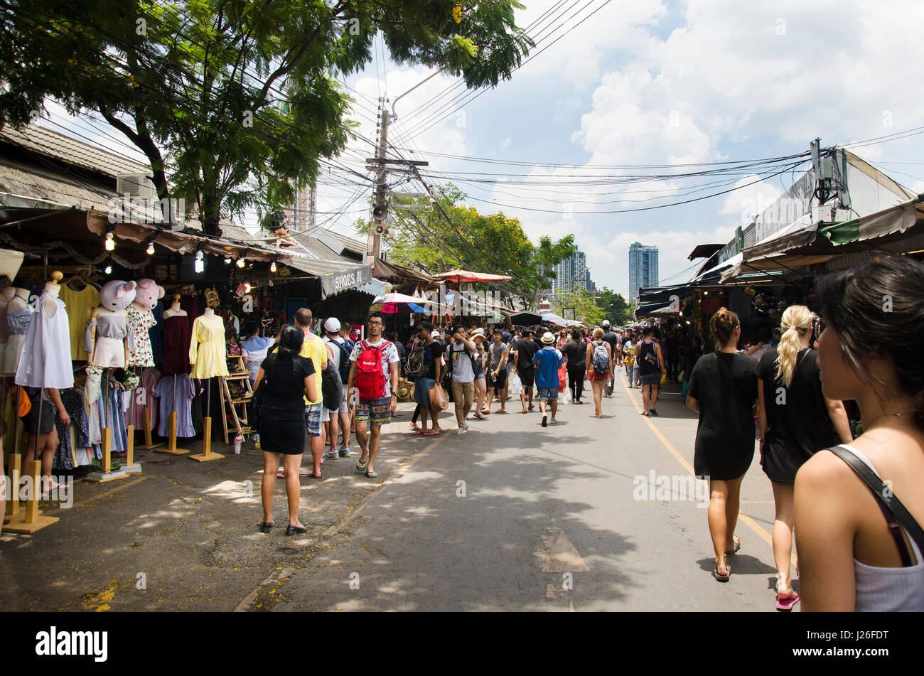 Asian thai people and foreigner travelers walking shopping and visit ...