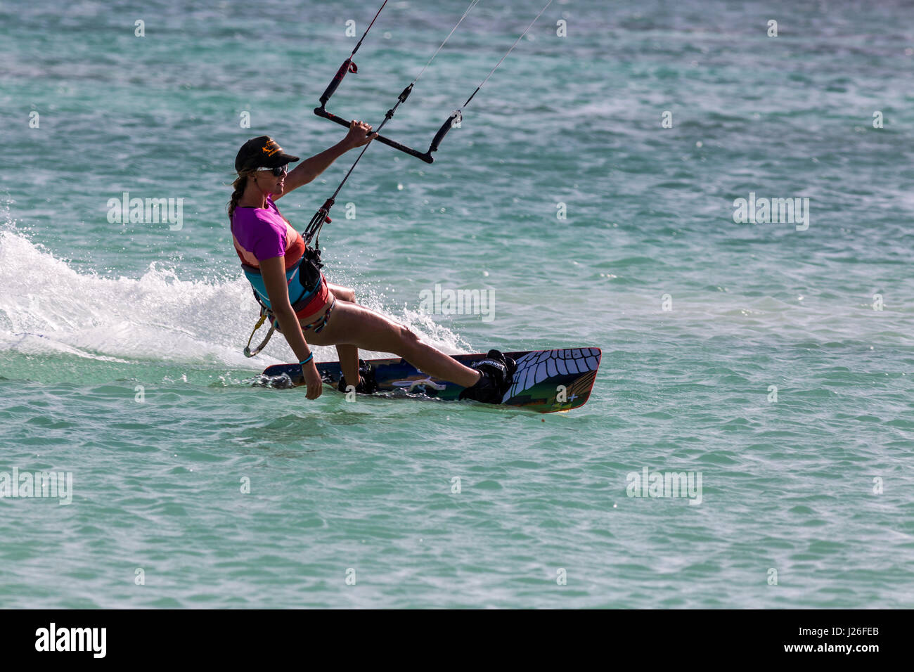 A woman parasailor at Hadicurari Beach, Aruba Stock Photo