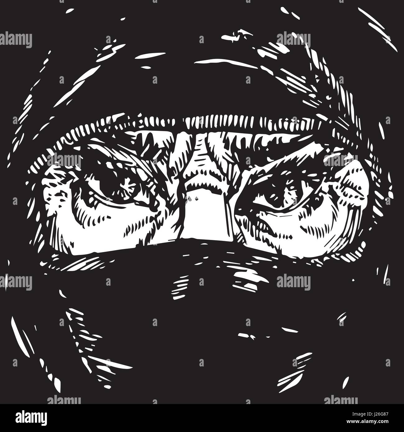 The face of the old Muslim woman with angry frowning eyebrows, face hidden in a black headscarf (hijab), black and white, illustration, ink drawing Stock Vector