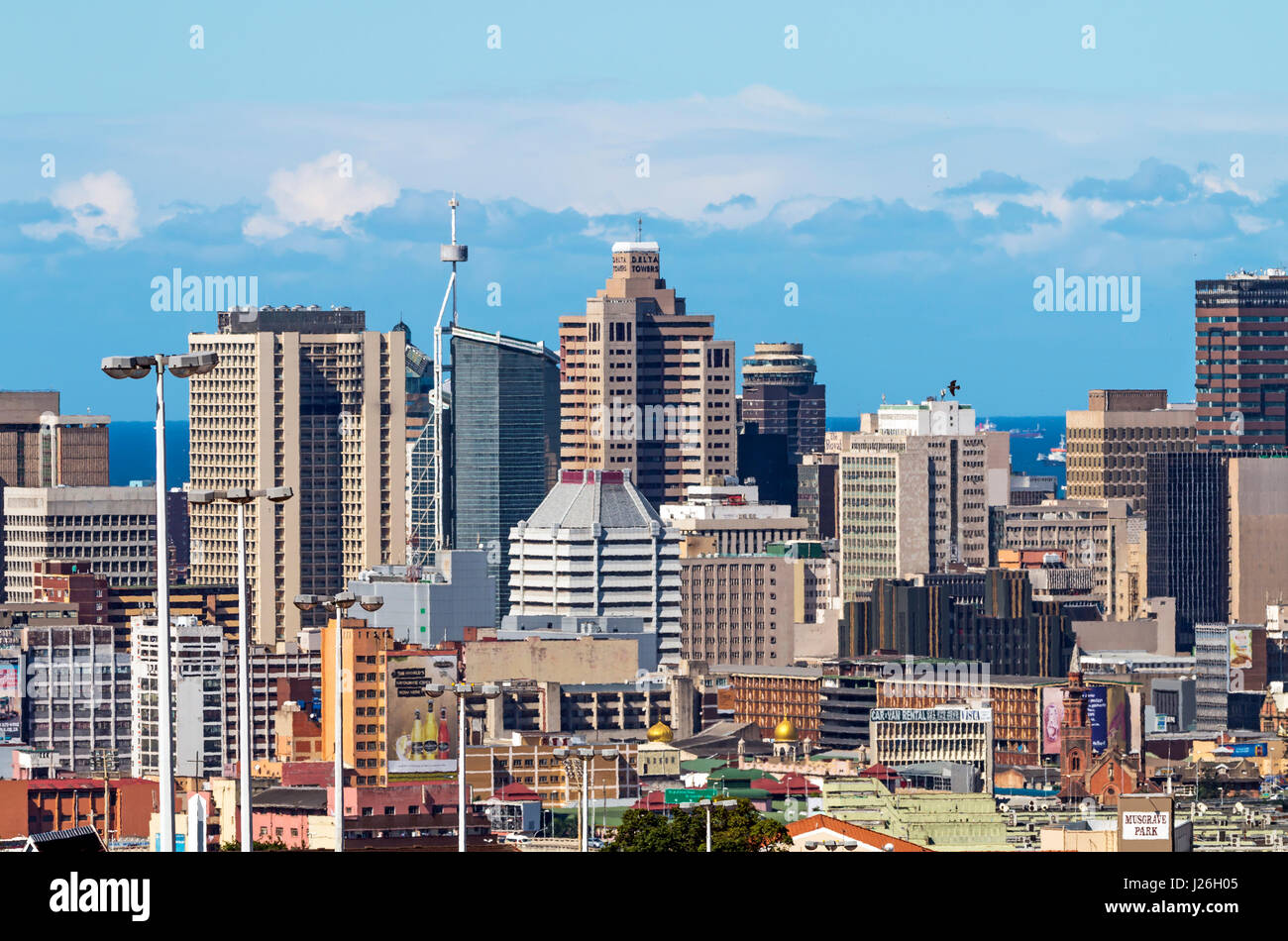 DURBAN, SOUTH AFRICA - APRIL 16, 2017: Above close up view of city and coastal skyline in Durban, South Africa Stock Photo