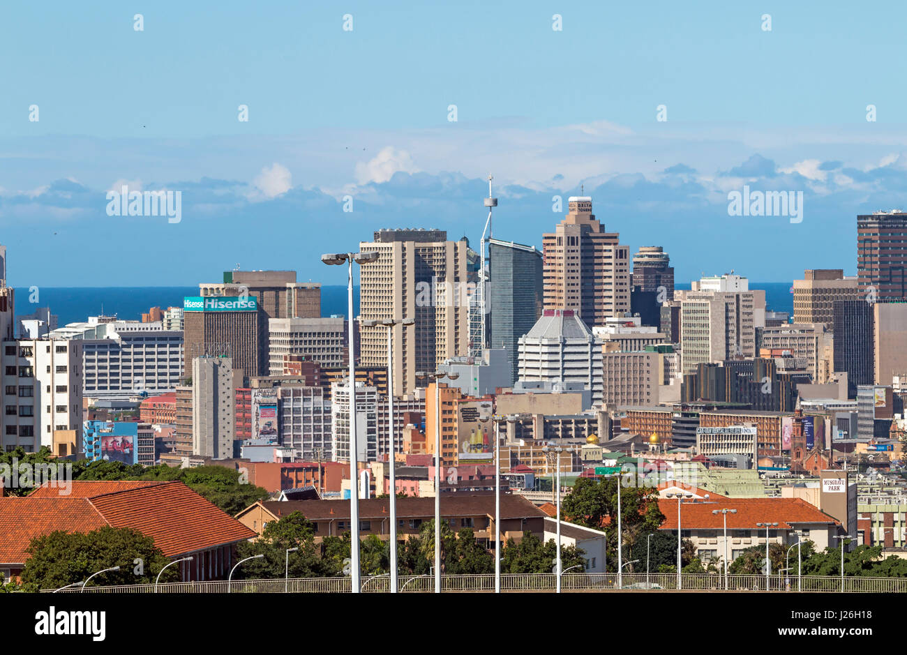 DURBAN, SOUTH AFRICA - APRIL 16, 2017: Above close up view of city and coastal skyline in Durban, South Africa Stock Photo