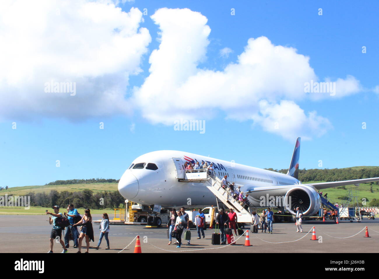 Passengers disembarking at Easter Island airport Stock Photo