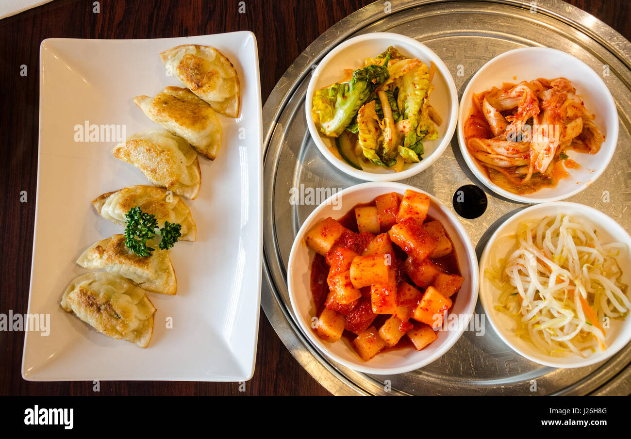 A selection of Korean dishes served in a Koran restaurant in London. Stock Photo