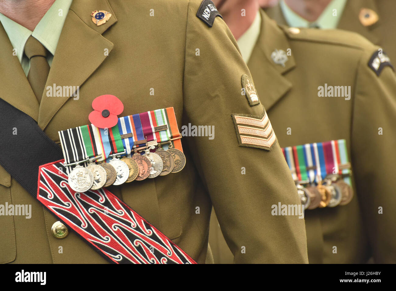 New Zealand infantry uniforms is dressed by the military force to honour the fallen heroes during the World Masters Games 2017 Anzac Day commemoration at Queen's Wharf in Auckland on Apr 25, 2017. (Photo by: Shirley Kwok/Pacific Press) Stock Photo