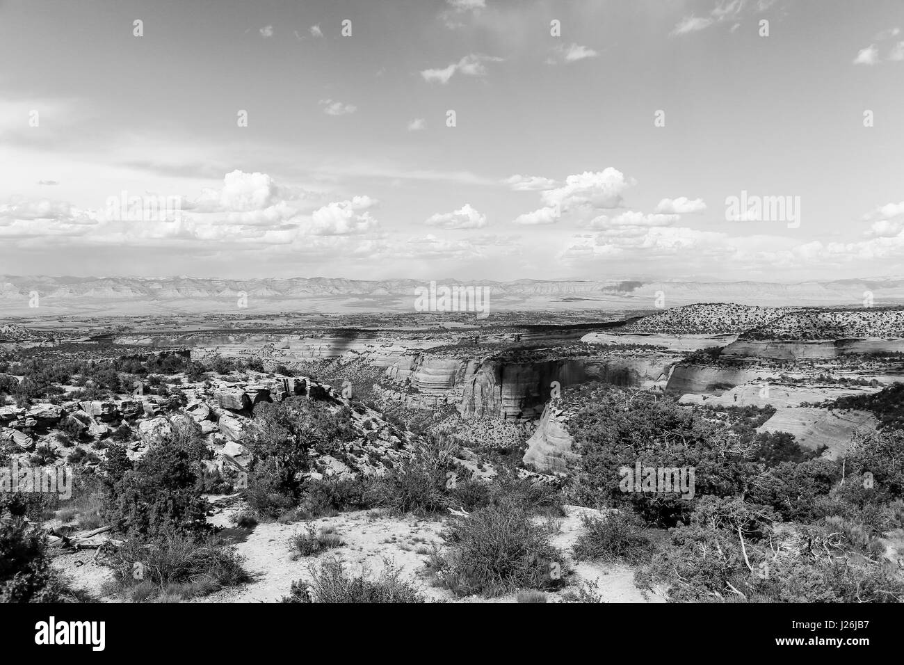 Part of the Colorado National Monument with the Book Cliffs in the back. The picture is in monochrome. Stock Photo