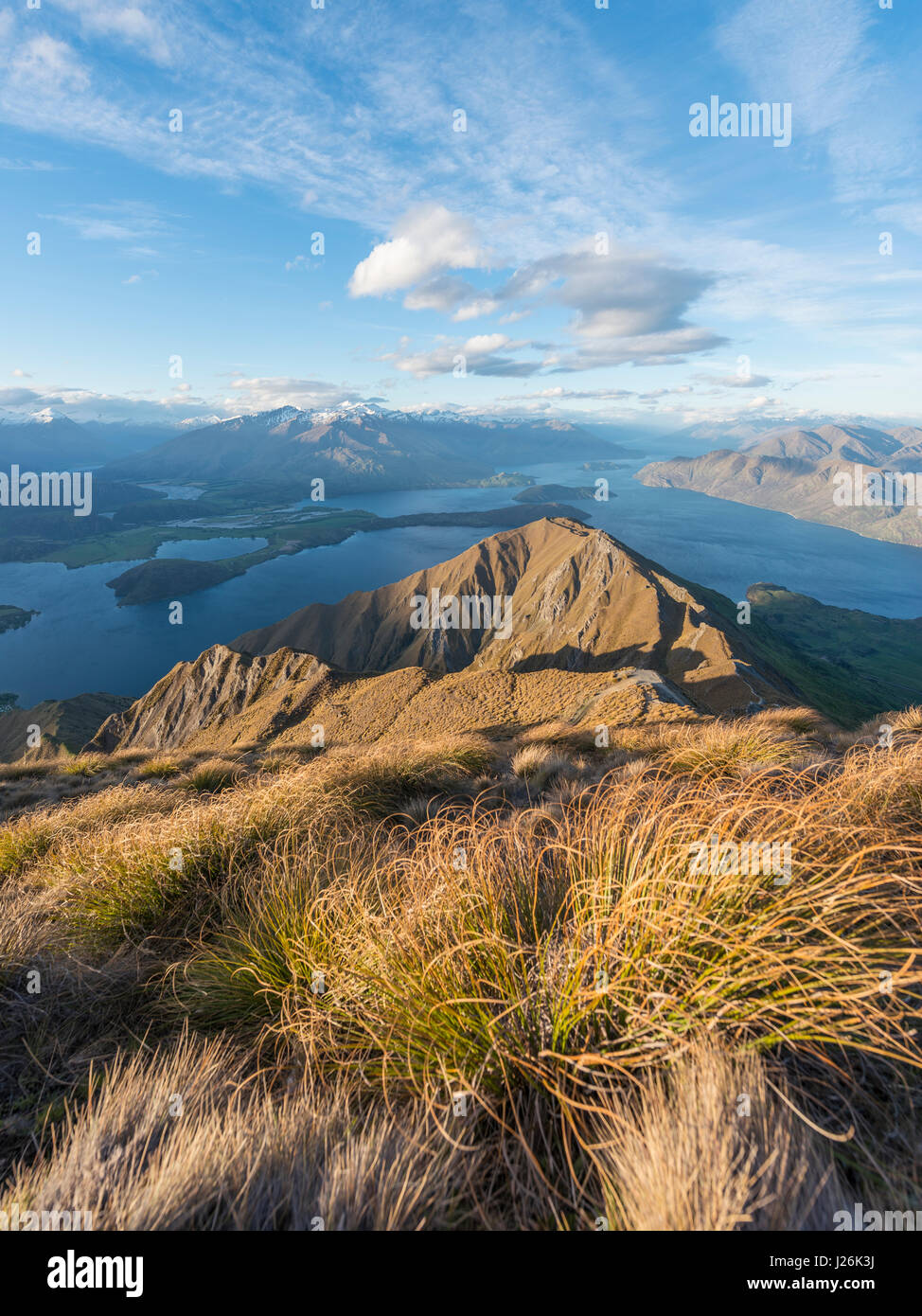 View of mountains and lake, Roys Peak, Lake Wanaka, Southern Alps, Otago Region, Southland, New Zealand Stock Photo