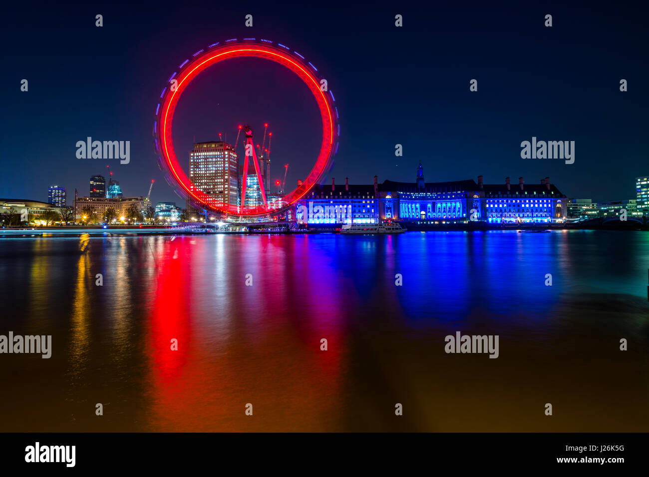 London Eye on the Thames with reflection, illuminated, night shot, London, London region