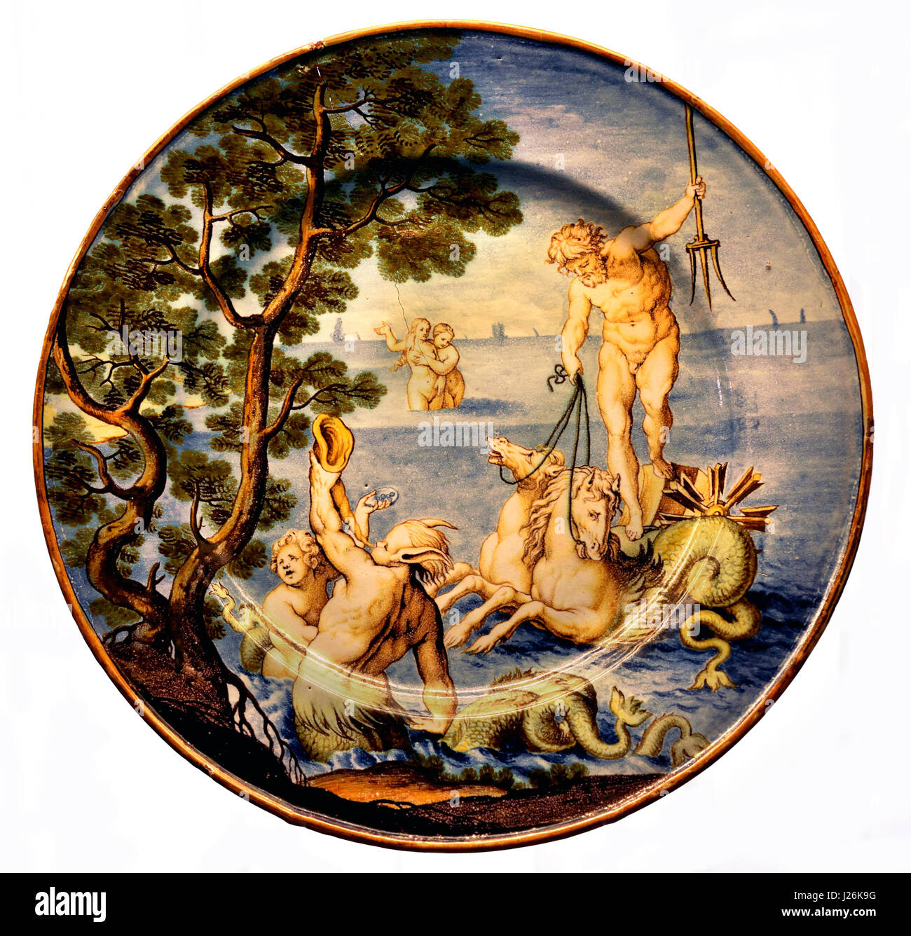 Sea God Neptune - Plate with Mythological Figures 1740 by Ferdinando Maria Campani Italy Italian. Stock Photo