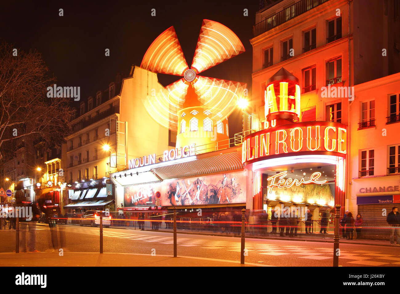 Paris, France - March 4, 2011:  The Moulin Rouge (Red Mill) cabaret at night in Paris, France Stock Photo