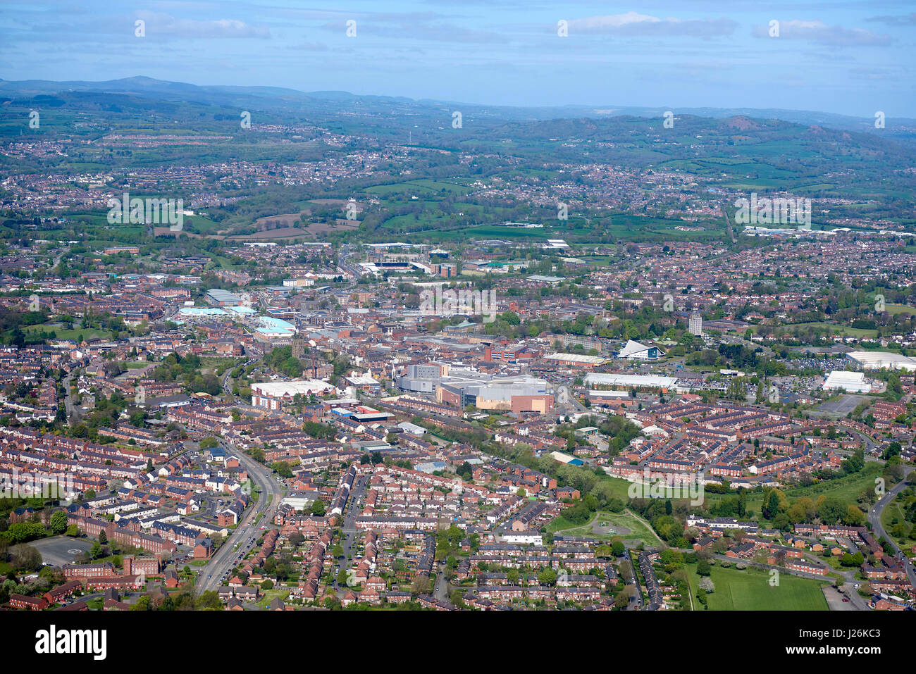 Wrexham town centre, North Wales, from the air, UK Stock Photo