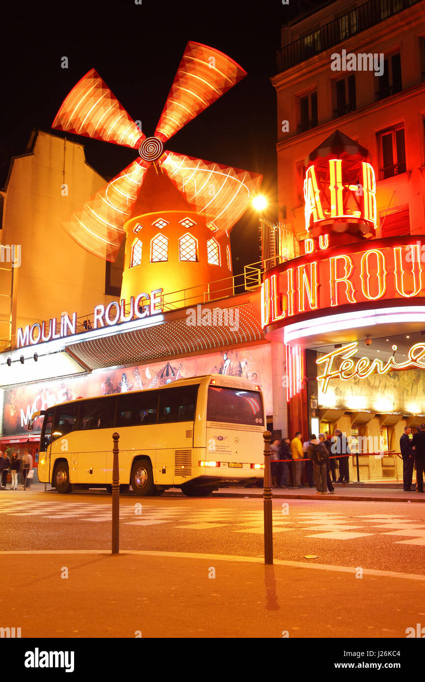 Paris, France - March 04, 2011: The Moulin Rouge cabaret at night in Paris, France Stock Photo