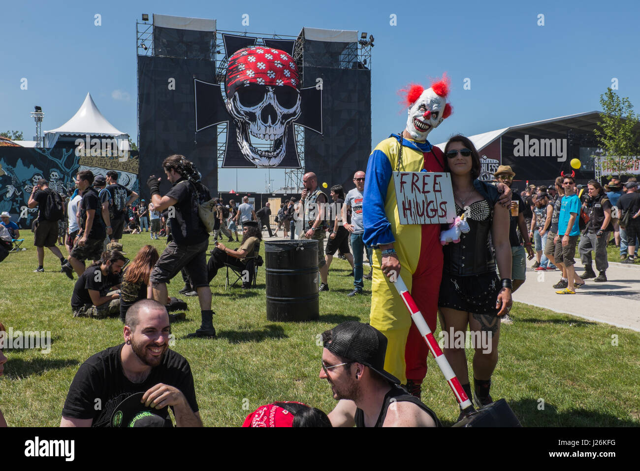 Heavy metal fans attend the Hellfest heavy metal and hard rock music  festival in western France. Clisson - France - June 2015. Des fans de  musique métal assistent au Hellfest festival dans